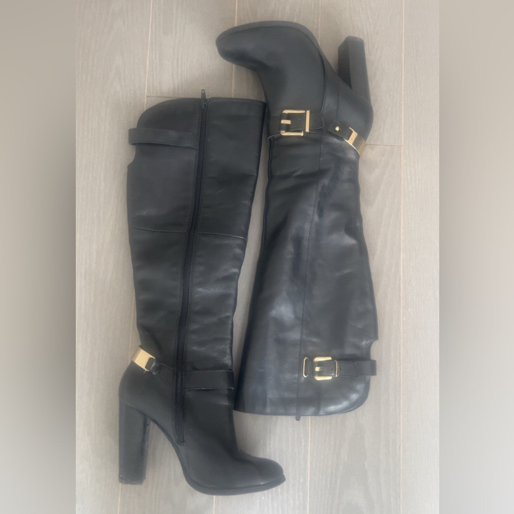 Aldo Black Knee High Boots with Gold Buckles